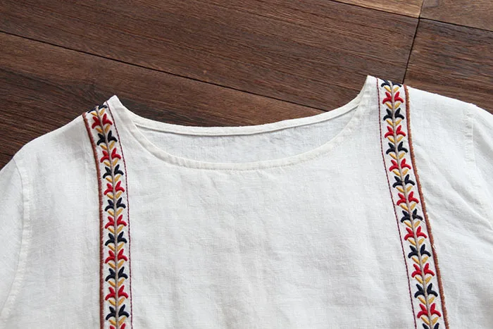 5114 New Spring Women Japan Style Literary Loose Nine Quarter Sleeve Blouse Linen O-Neck Embroidery Shirt Tops | Женская одежда