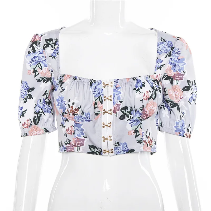 

Women Sexy Floral Print Low-cut Crop Tops Summer Fashion Girl Elegant T-shirt Elastic Slim Soft Tops Solid Short Sleeve T-shirts