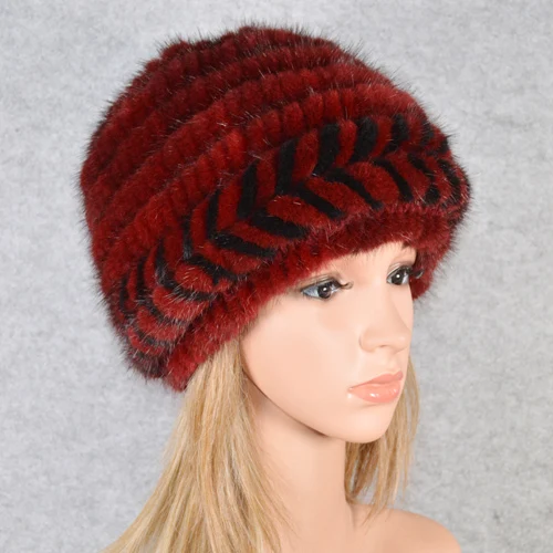 red and black Новинка, стильные зимние шапки из натурального меха норки, вязаные шапки из натурального меха норки, женские эластичные шапки из меха норки - Цвет: red and black