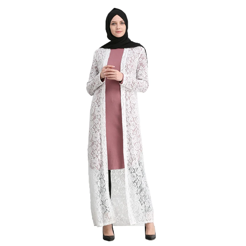 ОАЭ черный Абая Дубай Кружева Солнцезащитный кардиган белое платье-макси для