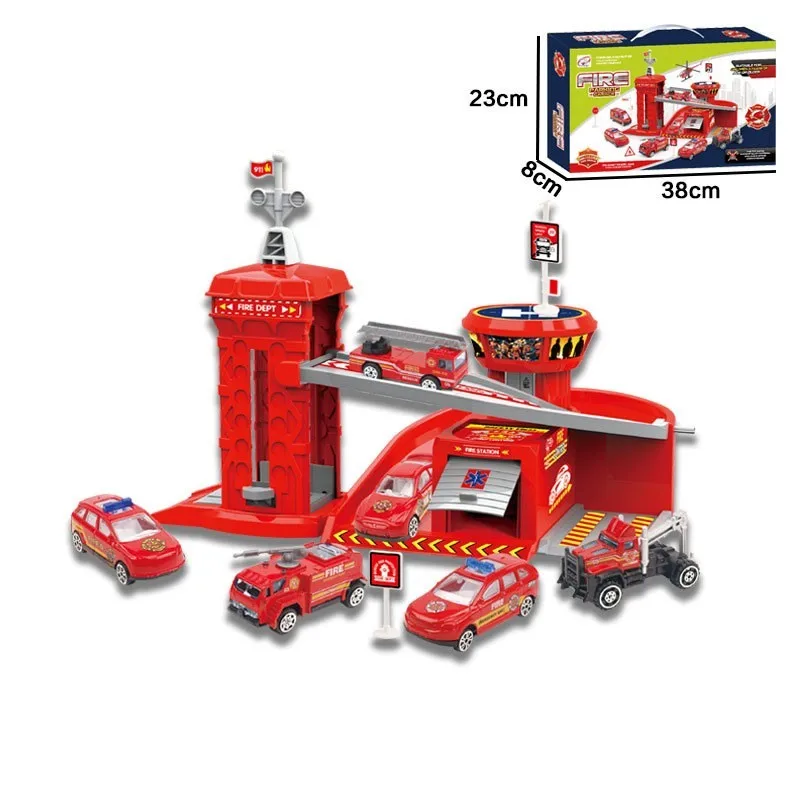 Fire protection A 1: 64 Детские сборные игрушки для парковки, пластиковые разделенные места для парковки, сплав, такси, инженер, автомобиль, слайд-трек, пожарная полицейская станция - Цвет: Fire protection A