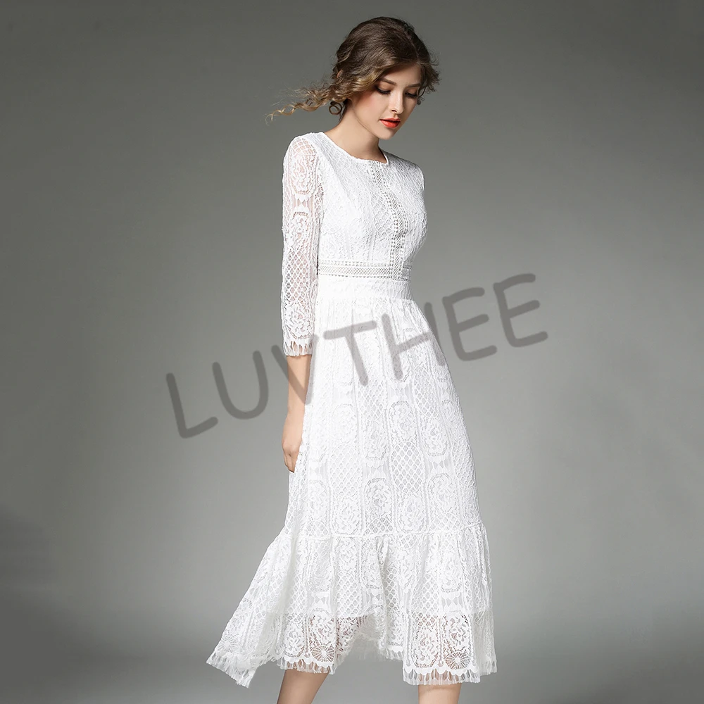 Белые кружевные платья для женщин, с высокой талией, Vestido Mujer, с круглым вырезом, платье в стиле пэчворк, большие размеры, 3/4 рукав, халат, N618