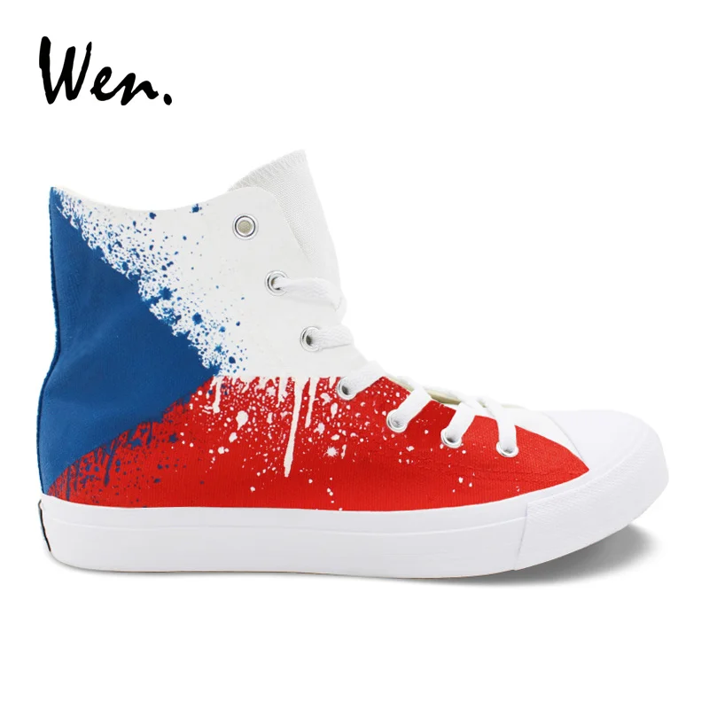 

Wen Czech Flag Hand Painted Shoes Summer Canvas Shoes Classic Sneakers High Top Plimsolls Espadrilles Flat Zapatos Zapatillas