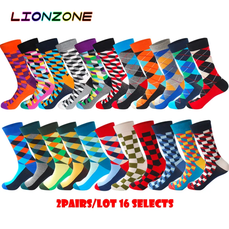 LIONZONE 2 пар/лот забавные счастливые мужские носки тонкие с ромбовидным узором в