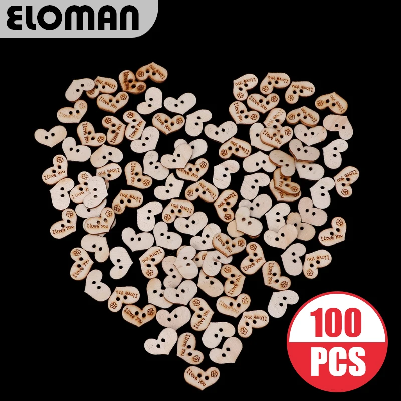 ELOMAN 100 шт деревянные кнопки в форме сердца DIY аксессуары "I love you' Дерево Сердце для ручной работы