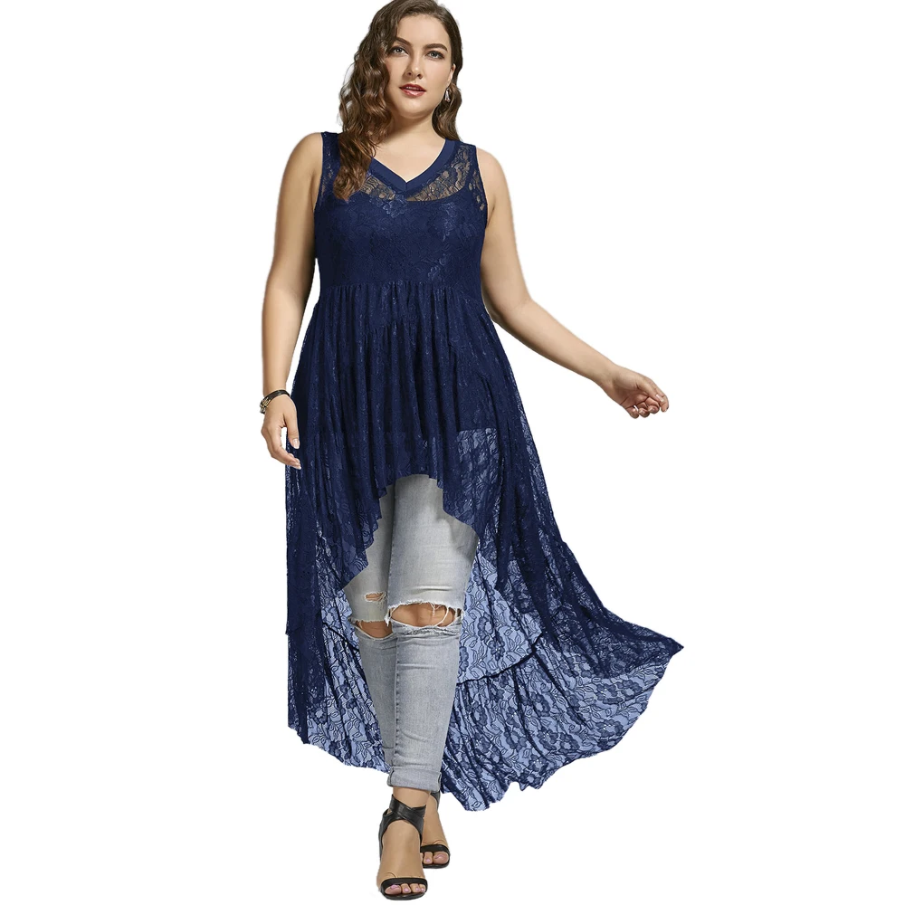 Deep Blue Wipalo размера плюс 5XL Кружевные Прозрачные топы, Модные женские длинные кружевные блузы без рукавов с v-образным вырезом, рубашки, женская одежда большого размера - Цвет: Deep Blue