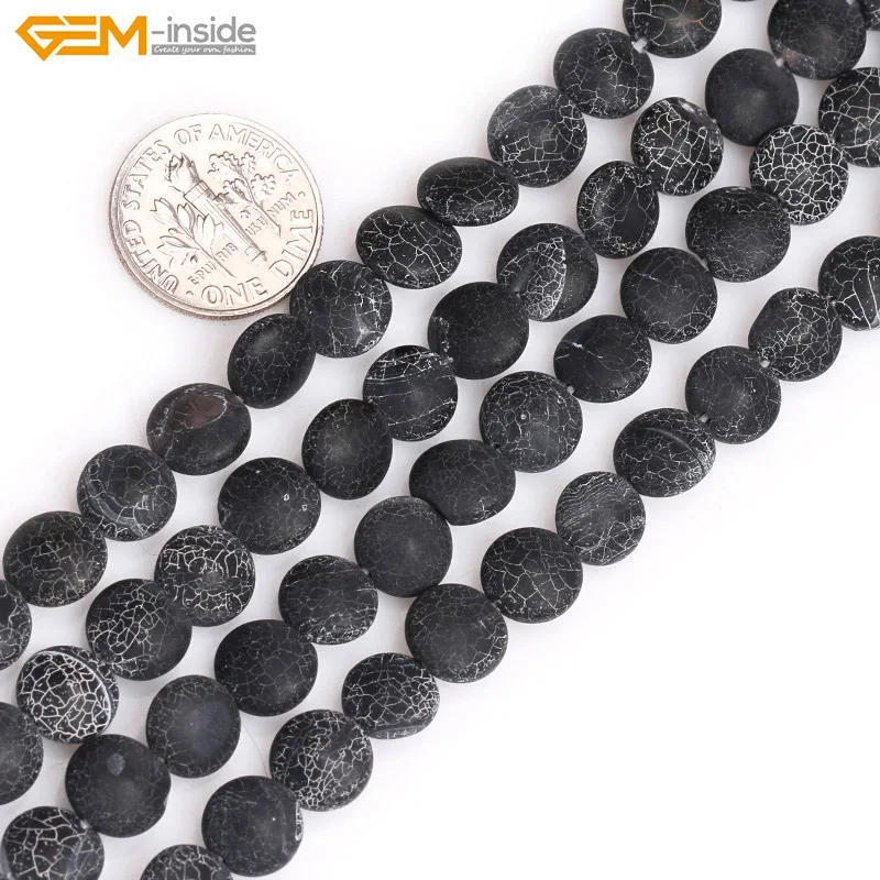 

Gem-inside 8-12mm Natural Stone Beads Matte Frost Coin Black Agates Beads For Jewelry Making Beads 15inch DIY Beads