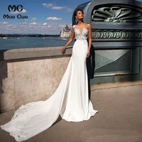new 2018 illusion mermaid wedding dresses with appliques robe de mariage scoop satin vestido de noiva bridal gowns