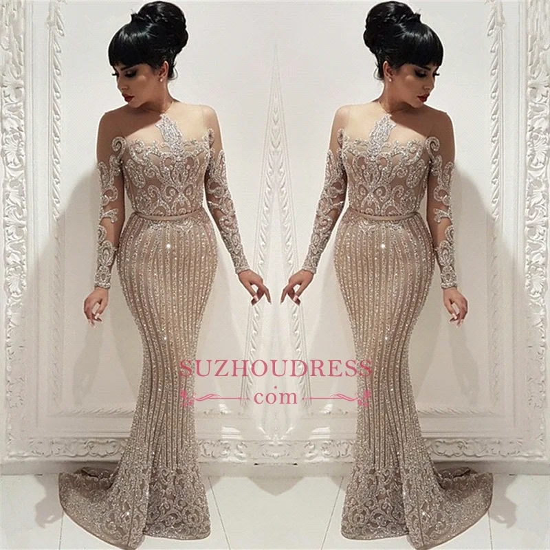 

Luxury Beading Crystal Prom Dresses Long Illusion Long Sleeve Mermaid Formal Party Dresses with Belt Arabic Vestidos De Gala