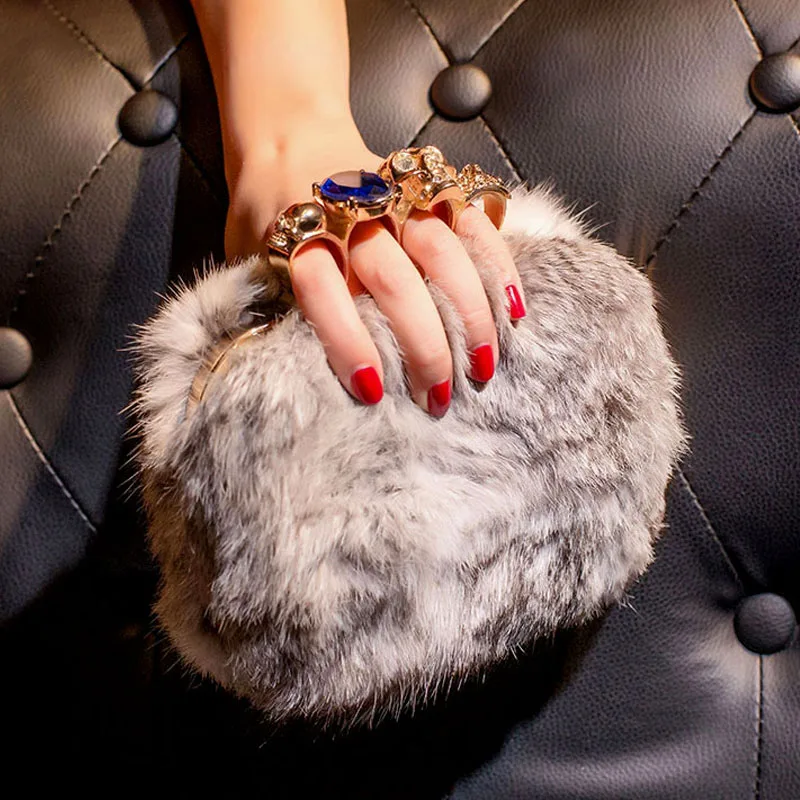 

BENVICHED Ladies' Rabbit's hair evening bag 2022 spring autumn fashion women fur diamonds Full dress Dinner Bag handbag c443