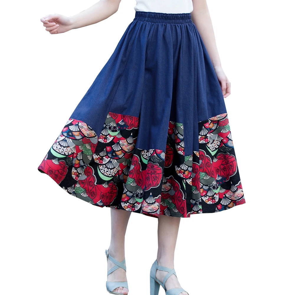 Женская длинная хлопковая и льняная юбка с высокой талией цветочным принтом на