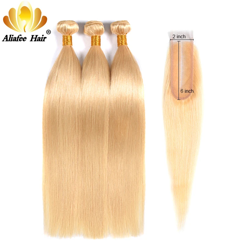 

Aliafee 613 Straight Blonde Bundles with 2x6 Closure Hair Bundles Brazilian Remy Hair Weave Blonde Hair Extension