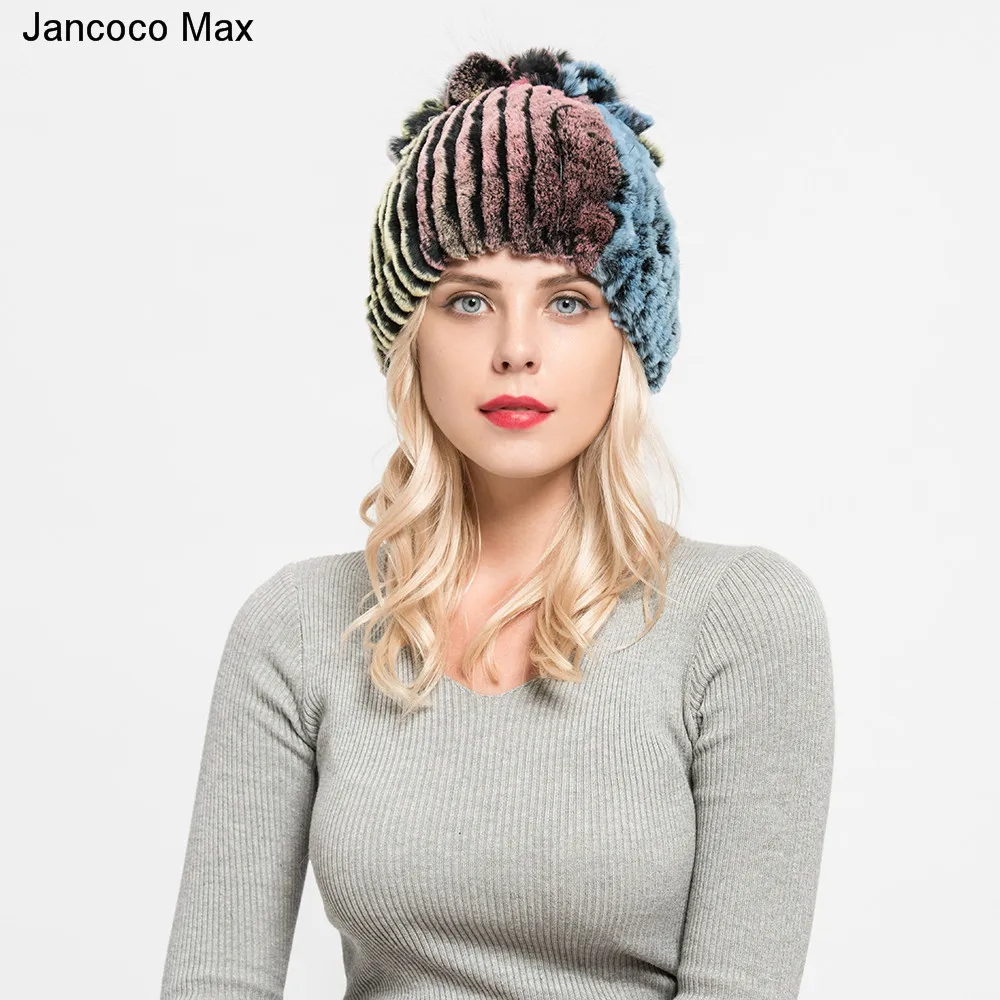 Jancoco Max женские зимние модные шапки из натурального меха кролика рекс шапочки женские высокого качества Skullies теплая шапка S7144