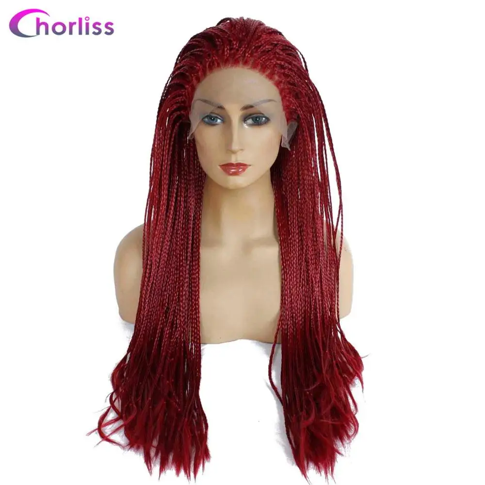 Burgundy Long Braided Box Braids Wig Ombre Synthetic Lace Front Wig For Women Chorliss Hand Made Black Cosplay Wig Heat Resistant Wigs - Цвет: Burgundy