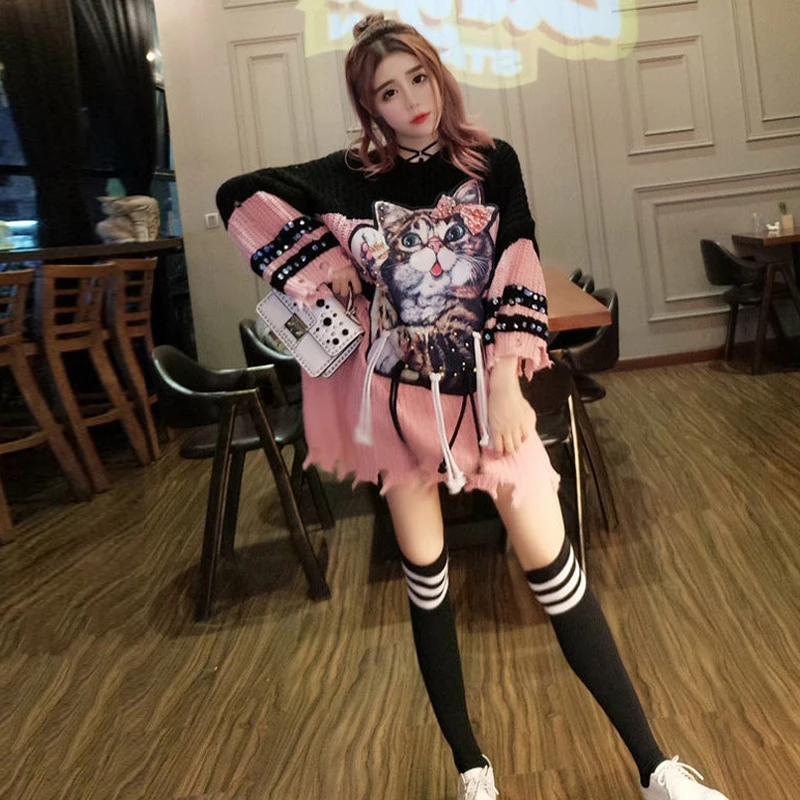 7Mang 2018 Women Sweet Black Long Sweater O Neck Loose Cartoon Cat Knit Pink Harajuku Cute Fringe Sweaters 1222 | Женская одежда