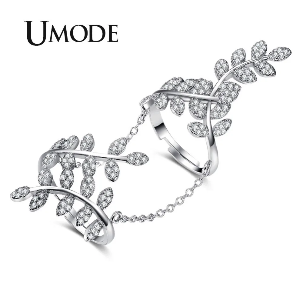 Umode олив бранч микро CZ белый позолоченные имитация два пальца с цепи украшения