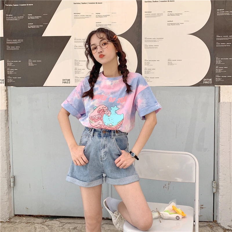 Woherb, Harajuku, футболка с принтом Tie Dye, повседневные летние топы, женские футболки с принтом мультяшных букв, Женская Эстетическая одежда 22528
