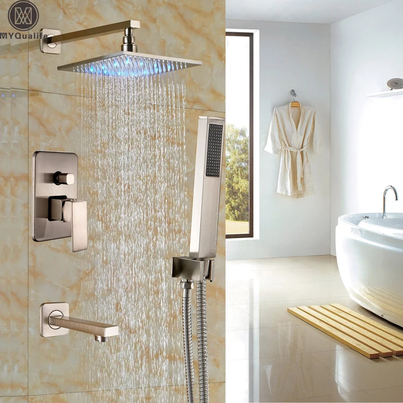 

Bathroom LED Light Rainfall Shower Set Handheld Spray Brass Tub Spout Tap Bath Shower Mixer Faucet Wall Mounted Color Changing