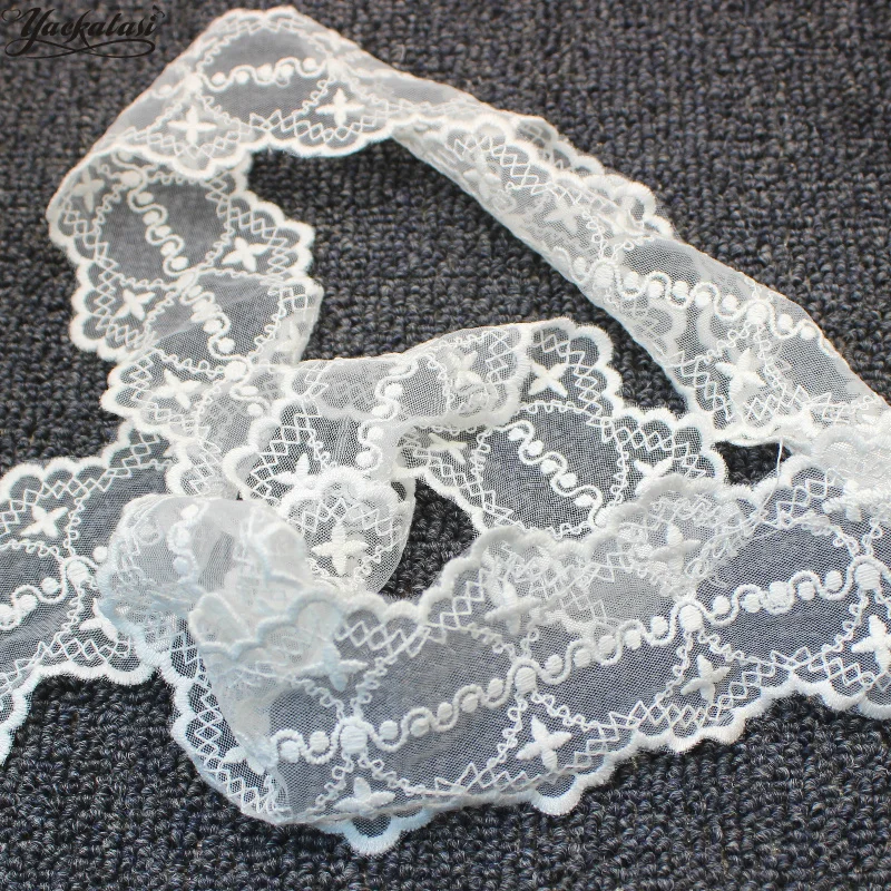 YACKALASI Cotton Lace Mesh Embroidered Applique White Soft Tulle Ribbon Double Scalloped Sewing Apparel Trims Vintage 5.7CM | Дом и сад