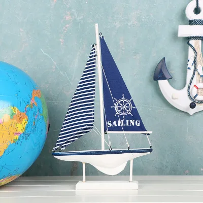 40cm blue 30 см деревянная белая модель парусного корабля креативная 40 см синяя полоса парусник домашний офис Рабочий стол морской парусный спорт лодки украшения ремесла - Цвет: 40cm blue