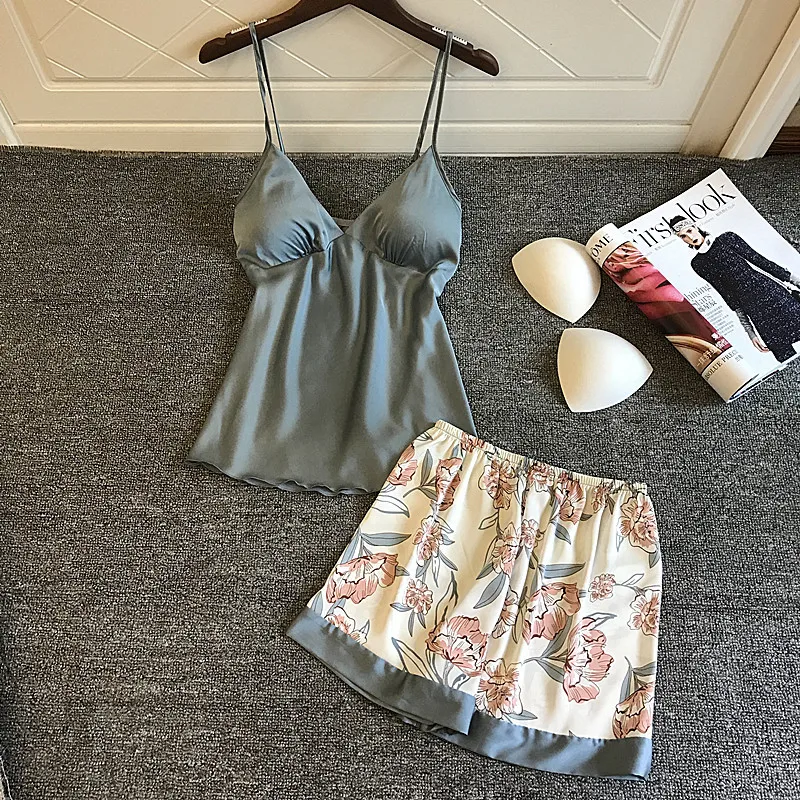 Herislim Silk Pajamas for Women Floral Contrast Color Pajama Set Summer 2019 Pyjamas Satin Sleepwear Mujer 2 Piece V-Neck Pijama | Женская