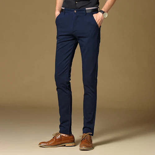 navy blue Бизнес Для мужчин Повседневное эластичные Для Мужчин's Мотобрюки тонкий, корейский дизайн Для мужчин ноги костюм Штаны, простой Non-Iron против морщин Мотобрюки - Color: navy blue