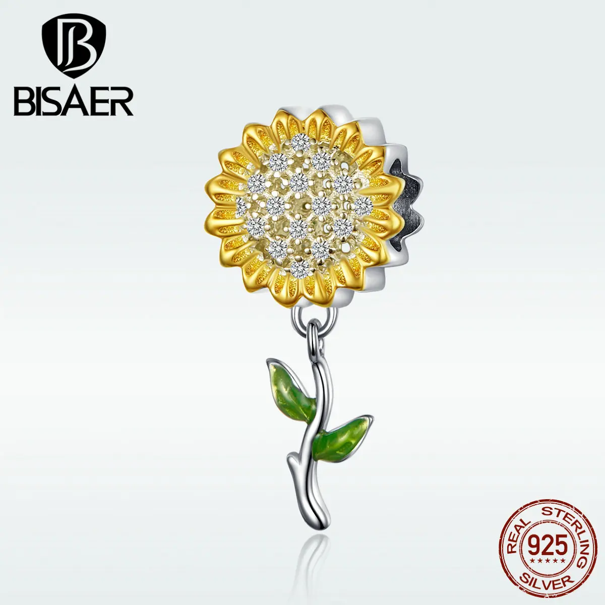 BISAER летние Подвески 925 пробы серебряные солнечные цветы бусины кубический циркон Кристалл Шарм подходит для браслетов DIY Ювелирные изделия ECC1211