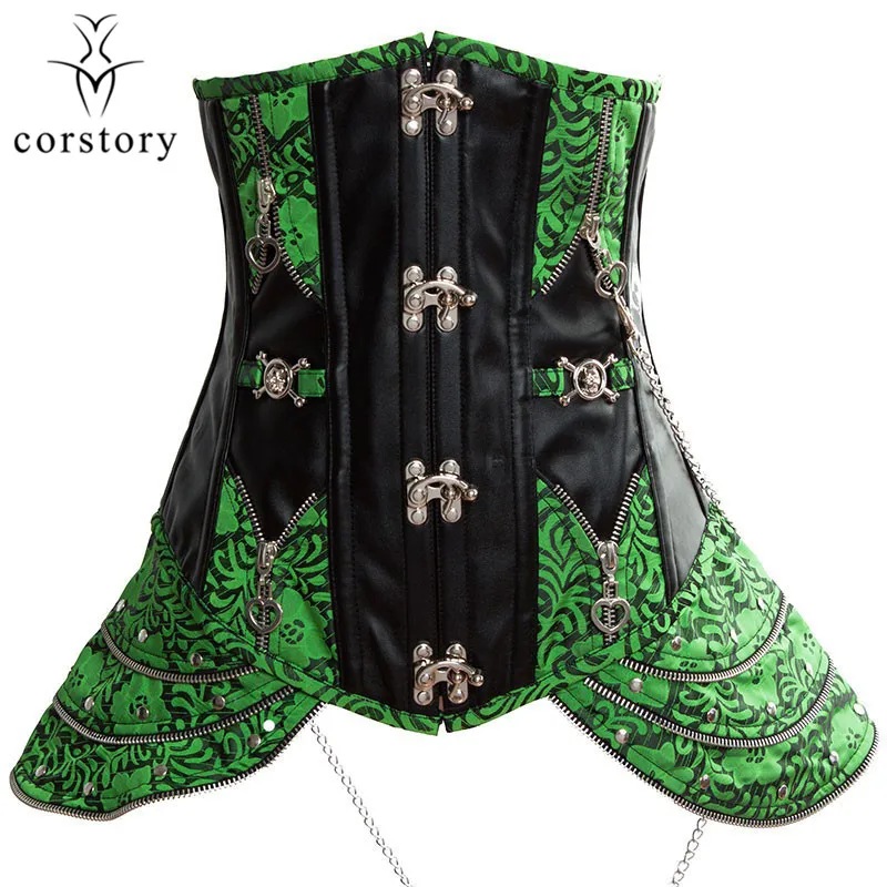 

Steampunk Green Leather Steel Boned Corset Sexy Waist Trainers Vintage Korsett For Women Bustiers Top Plus Size Gothic Clothing