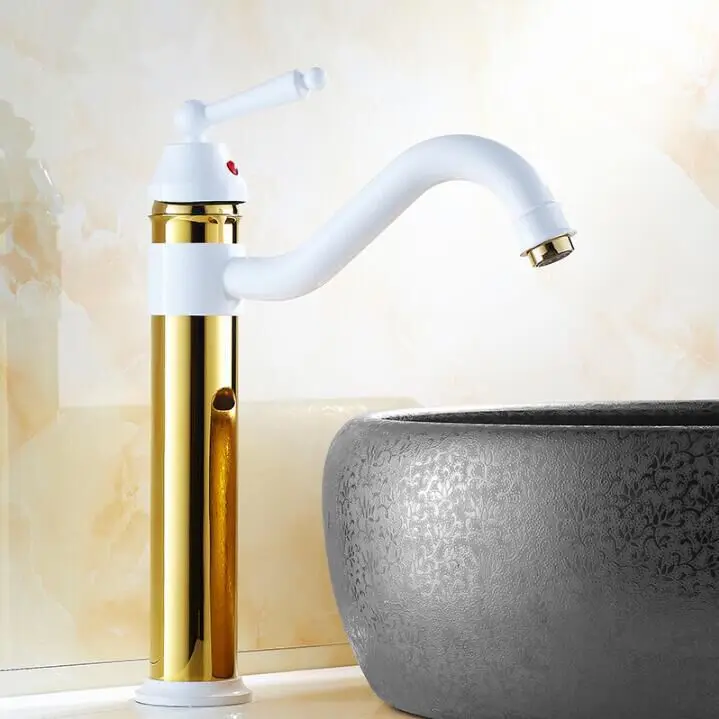 

Newly Grilled White Paint Golden Polished Faucets Bathroom Basin Sink Mixer Tap Faucet Hot and cold water