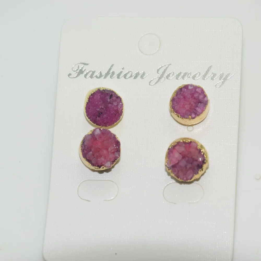 Женские круглые серьги гвоздики geode druzy розовый кристаллический кварц с золотым