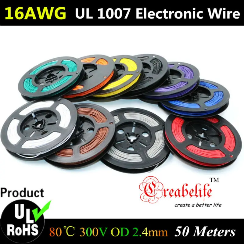 

50 Meters/roll 16 AWG - Flexible Stranded 10 Colors UL 1007 Diameter 2.4mm Electronic Wire Conductor To DIY