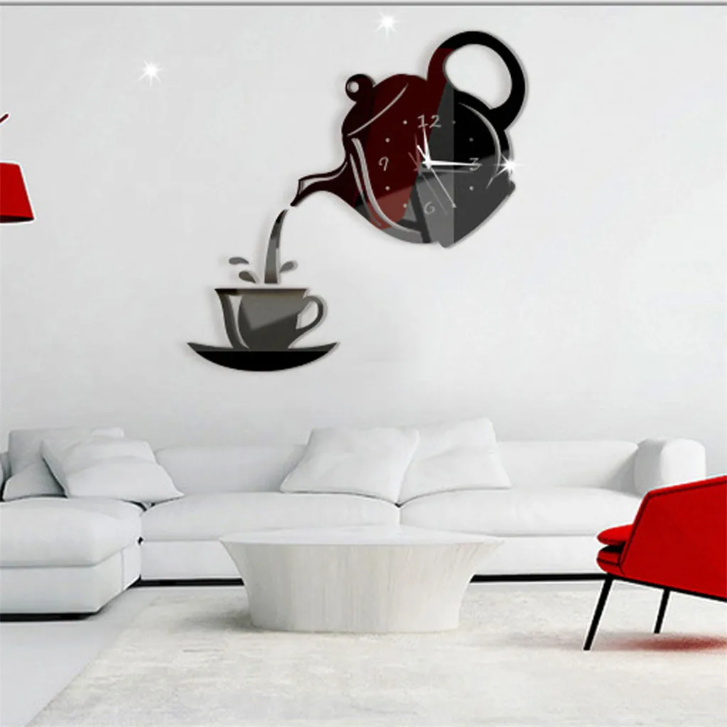 Wall Sticker DIY Modern 3D Kettle Teacup Mirror Acrylic Clock Home Office Interior Black Decoration 19June13 P30 | Дом и сад