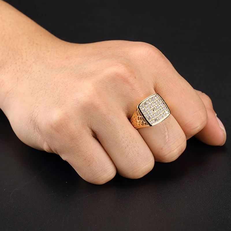 Хип хоп Bling Ice Out AAA Zircon Pave мужское Золотое кольцо золотого серебристого цвета