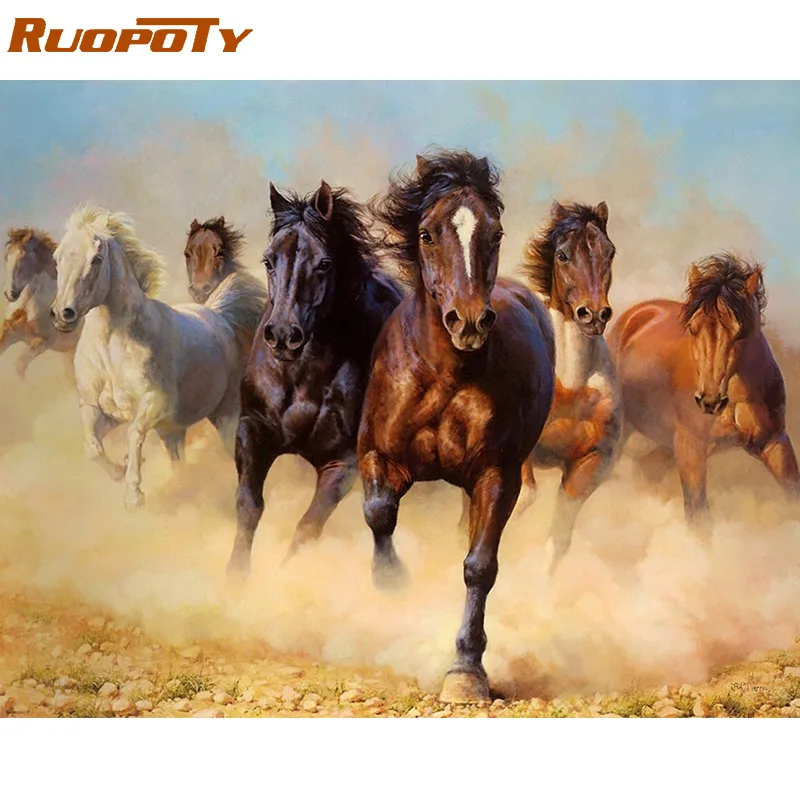 5 RUOPOTY рамка бегущая лошадь животные Сделай Сам Набор для рисования по номерам Раскраска по номерам Акриловая Краска на холсте для домашнего декора искусство - Цвет: 5