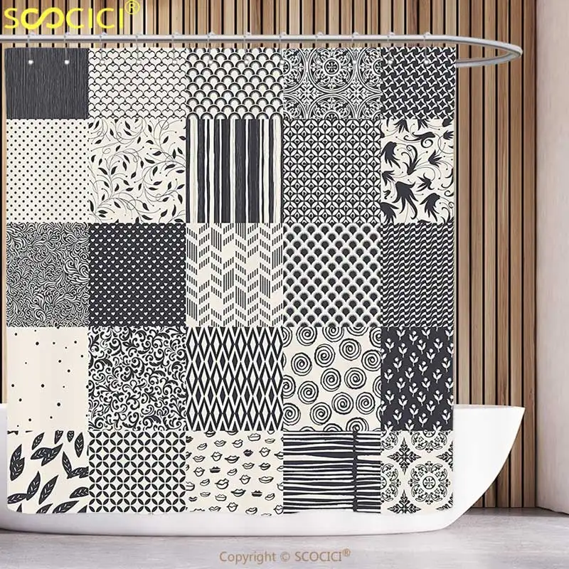 

Стильная занавеска для душа, геометрический Абстрактный коллаж, как изображение цветов в полоску, современные формы, черный, белый и темно-серый