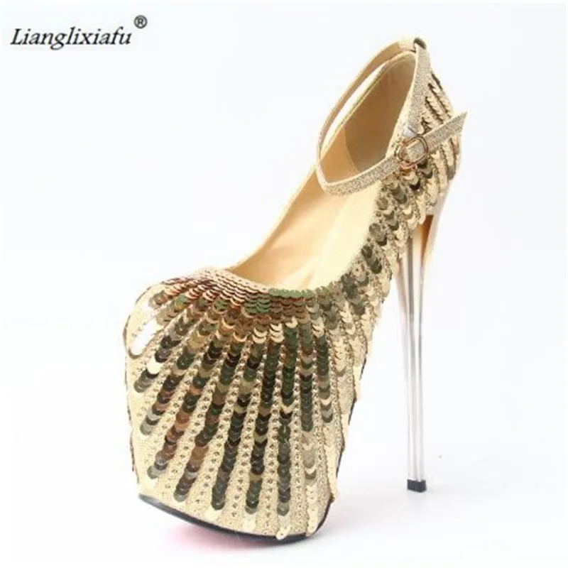 Женские туфли лодочки с блестками LLXF на тонком высоком каблуке 20 см шпильке