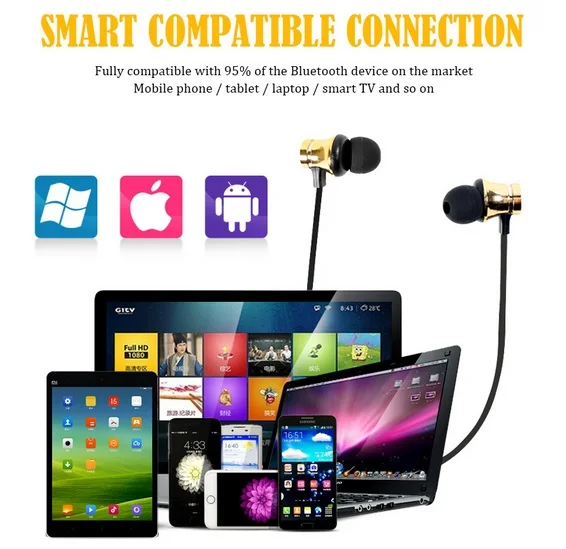 Беспроводные Bluetooth наушники магнитные спортивные с защитой от пота бас