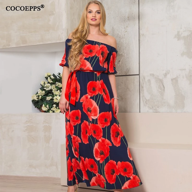 Женское длинное платье в пол с открытыми плечами вырезом лодочкой и принтом