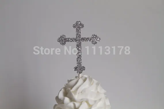 

Silver Glitter Cross Cupcake Toppers Toothpicks - Food Picks wedding bridal shower birthday baby shower cupcake topper