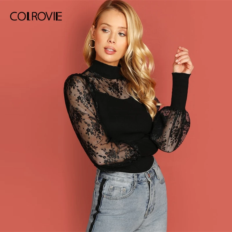 COLROVIE черная однотонная кружевная трикотажная Повседневная футболка со стоячим воротником, Женская Весенняя корейская модная Элегантная футболка с длинным рукавом