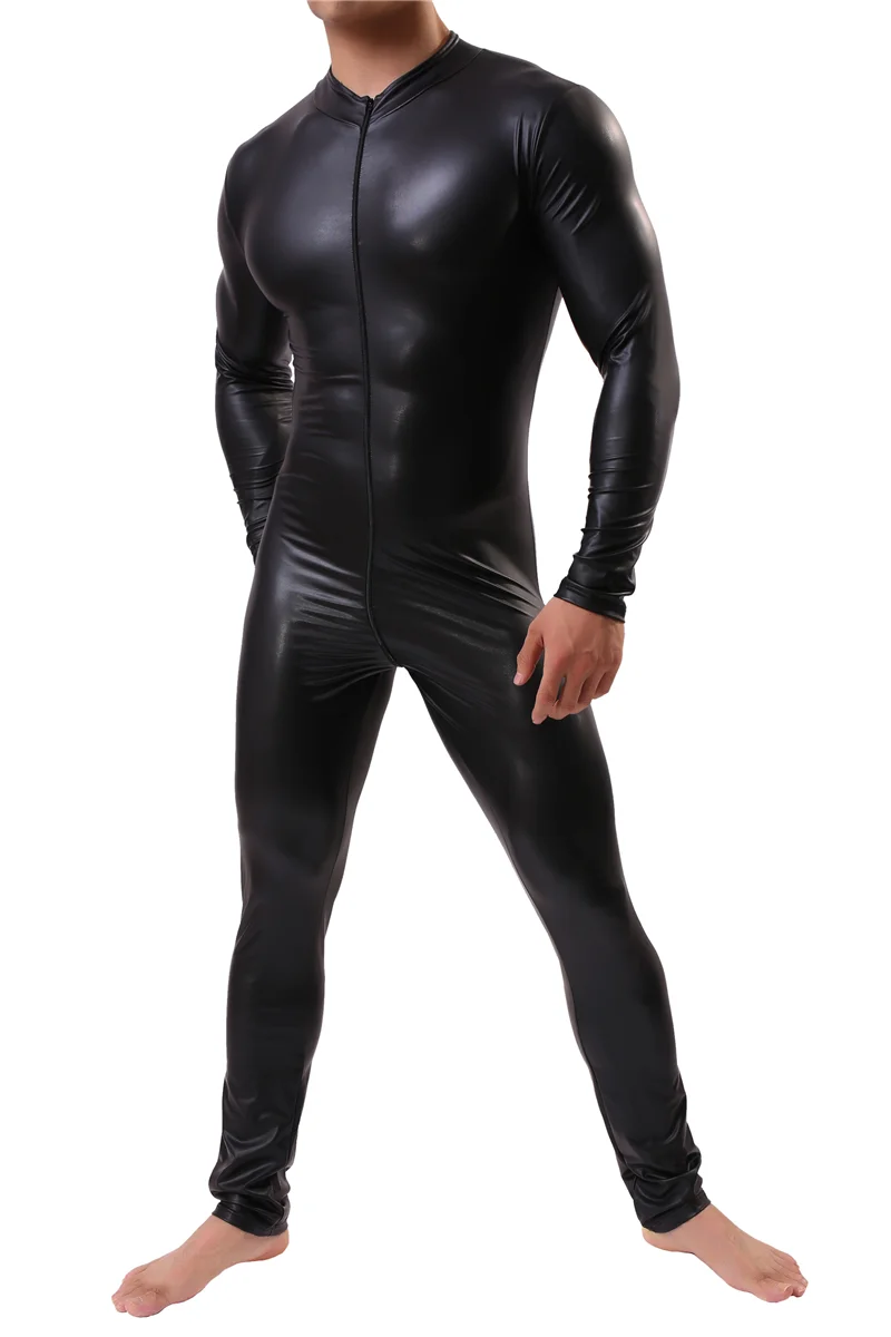 Sexy Men Shapers Wetlook Leather Latex Catsuit Long Sleeves Zipper Gay Men Full Body Leotard Lingerie Bodysuit Clubwear Shapers