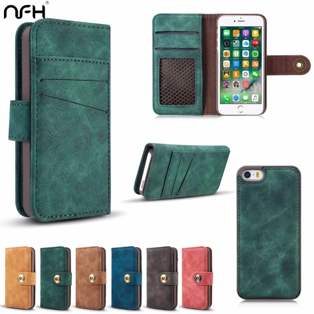 Роскошный кожаный флип чехол для iphone 5S съемный 5 5G SE бумажник с отделениями карт