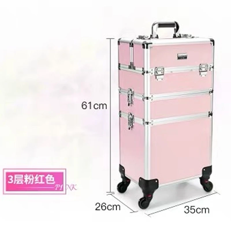 pink 3 layer Женский чемодан на колесиках для косметики, набор инструментов для макияжа ногтей, съемная складная коробка для красоты на дорожная сумка с колесиками чемодан на колесиках - Цвет: pink 3 layer