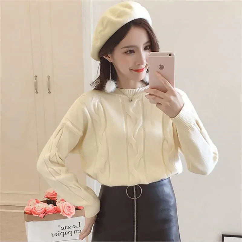 Женские пуловеры с круглым вырезом Повседневные вязаные однотонные свитера