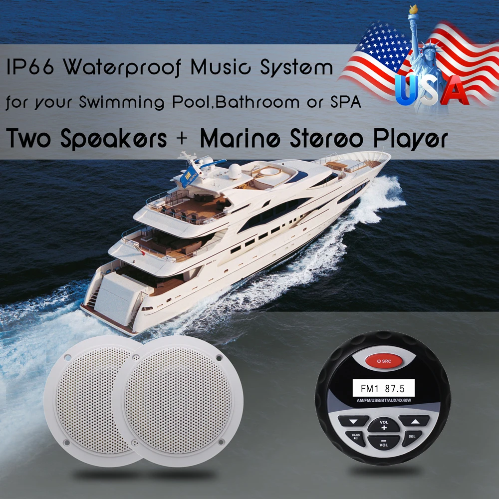 

Motorcycle Marine Bluetooth Stereo Radio FM/AM Receiver Audio MP3 Player 4"Waterproof Speakers For Boat UTV ATV Yacht SPA RV