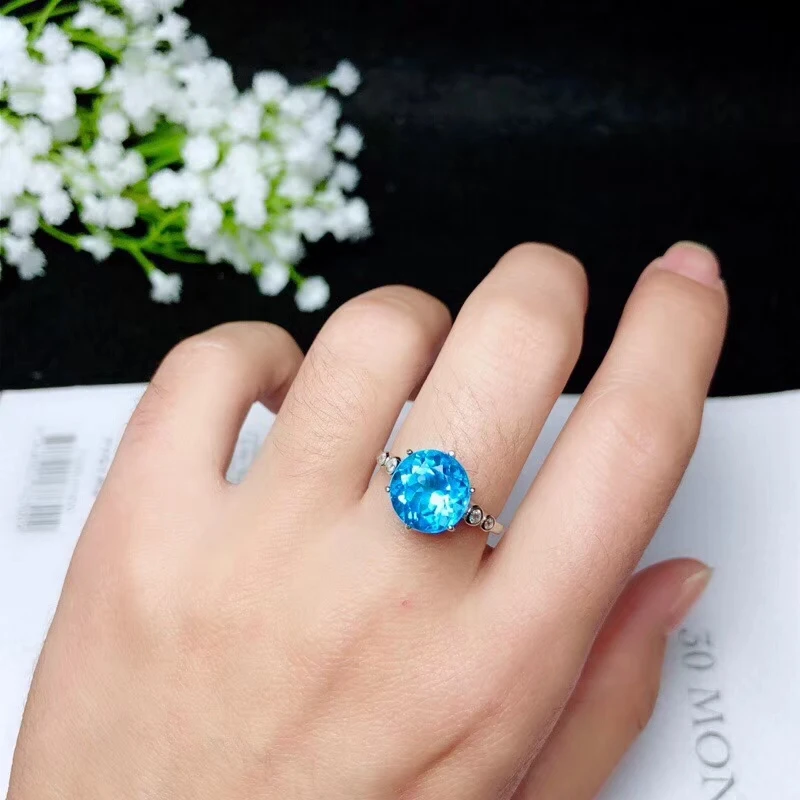 

S925 silver inlaid with natural blue topaz ring natural gemstone ring fashion round Flower women party holiday gift jewelry