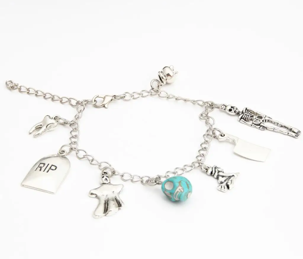 1pc Halloween Gift Skull Witch Tooth RIP Knife Charms Chain Link Bracelet For Men Women Jewelry E2017 | Украшения и аксессуары