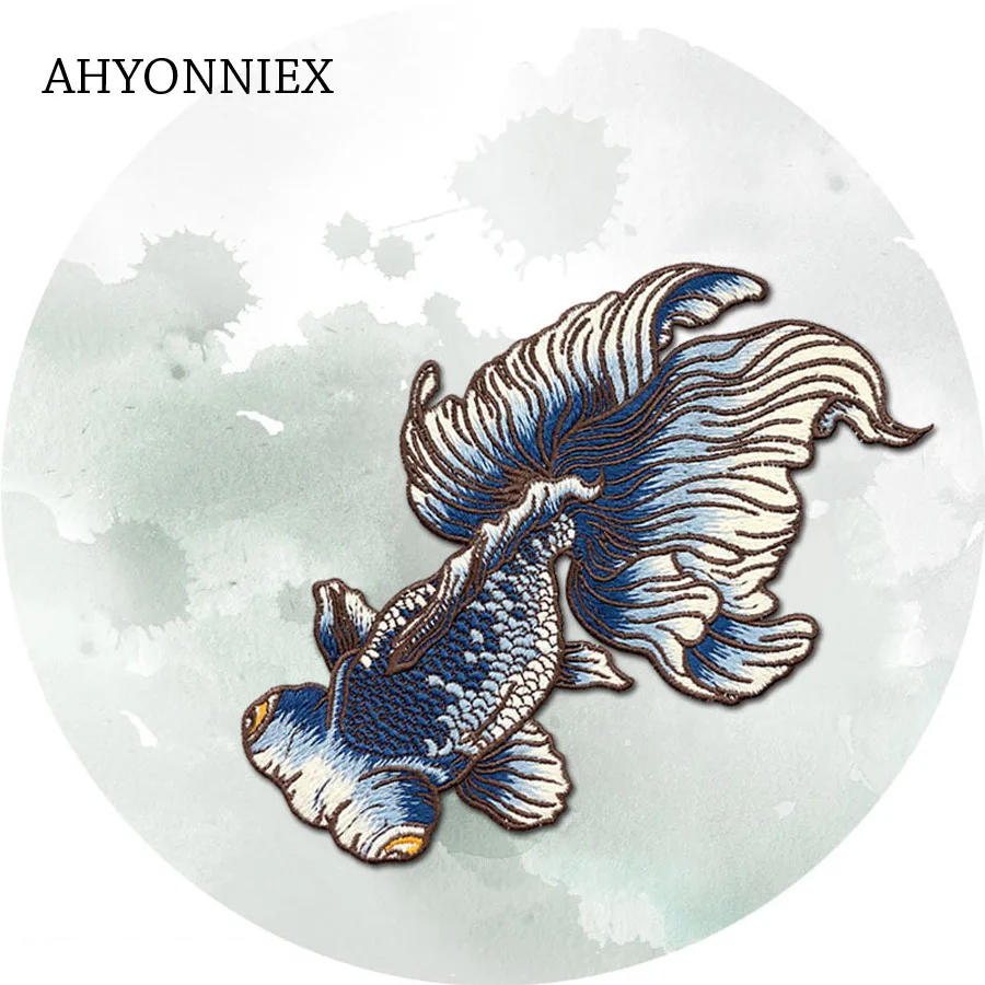 Большие черные вышитые патчи AHYONNIEX с рыбками японские стильные Швейные наклейки