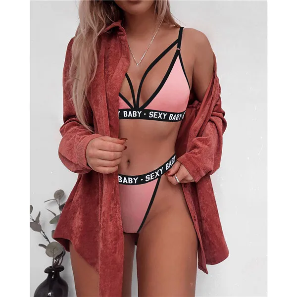 pink 1 комплект, женское летнее сексуальное Спортивное пляжное нижнее белье, бандажный корсет, буквенный принт, пуш-ап бюстгальтер+ трусики-стринги, сексуальный комплект нижнего белья - Цвет: pink