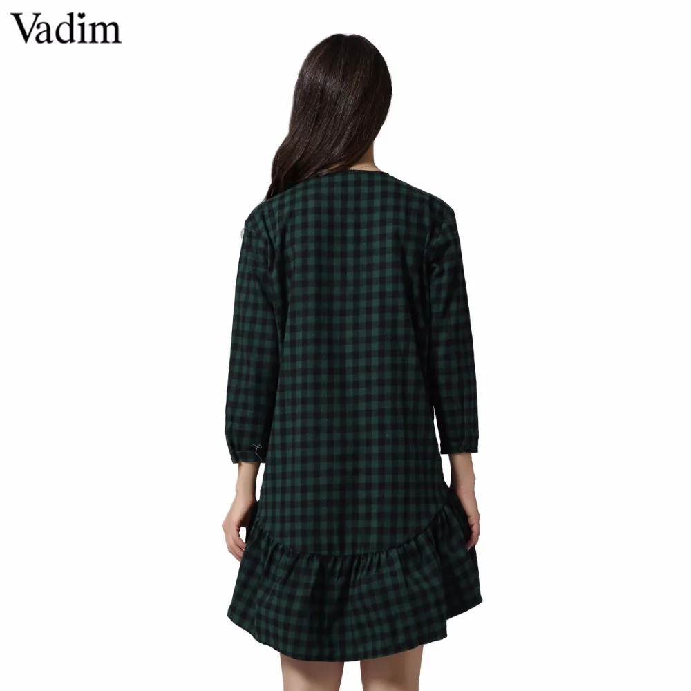 Vadim V neck ruffled floral embroidery plaid dresses flower pattern vintage chic casual loose mini vestidos mujer QZ3232 | Женская